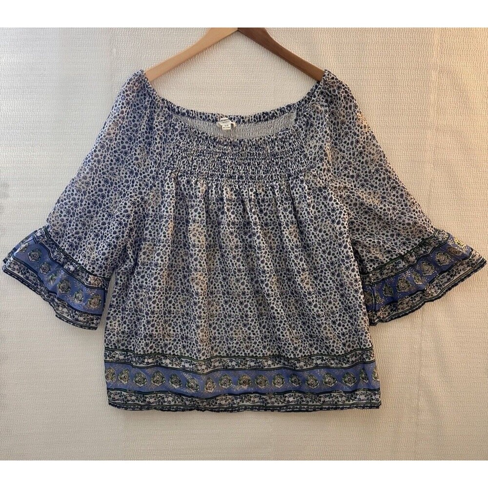 Beach Lunch Lounge Womens Top Off Shoulder Smocked Bell Sleeve Peasant Boho LG‎